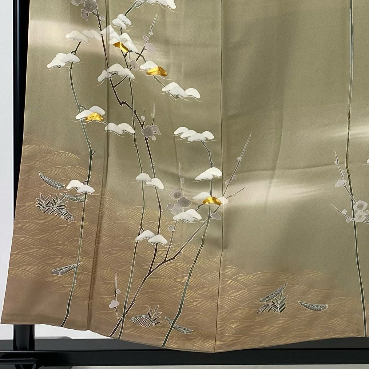 訪問服 身長156cm 袖長63cm S 雙層 落款有 枝梅花 松樹 金絲 金銀彩 灰綠 純蠶絲 秀品級