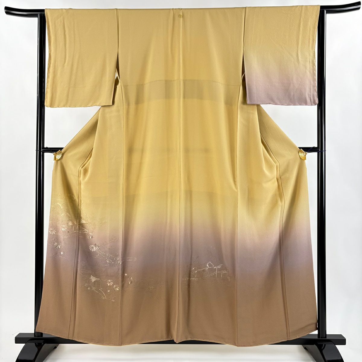 【美品】 付下 身長158.5cm 袖長63.5cm S 雙層 建物 草花紋刺繡 漸層 山吹茶 純蠶絲 秀品級 一つ紋