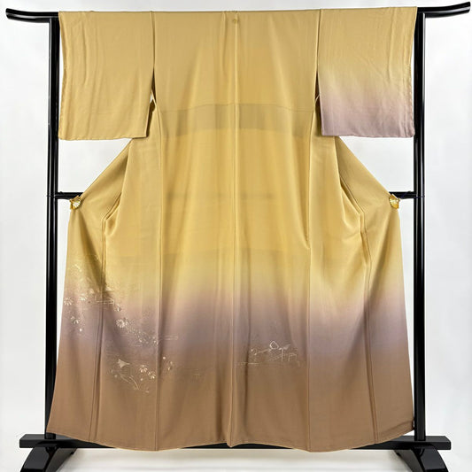 【美品】 付下 身長158.5cm 袖長63.5cm S 雙層 建物 草花紋刺繡 漸層 山吹茶 純蠶絲 秀品級 一つ紋
