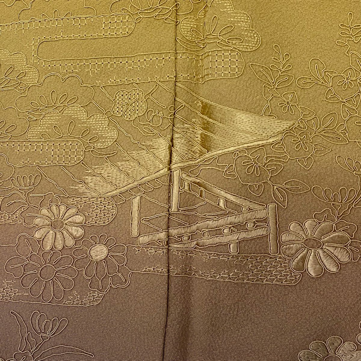 【美品】 付下 身長158.5cm 袖長63.5cm S 雙層 建物 草花紋刺繡 漸層 山吹茶 純蠶絲 秀品級 一つ紋