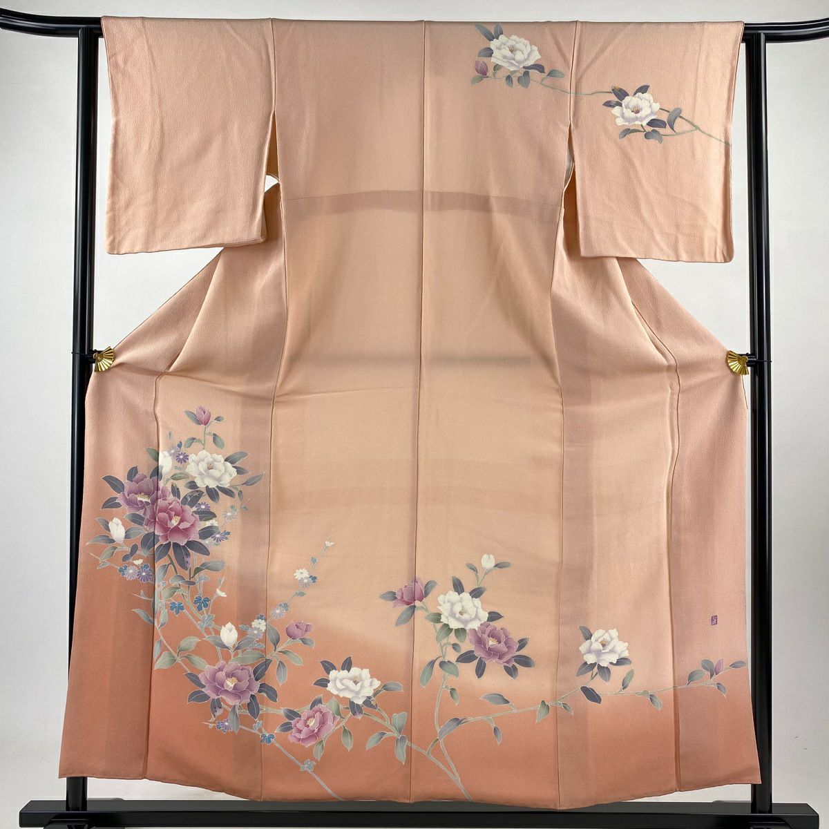 訪問服 身長158cm 袖長61.5cm S 雙層 落款有 枝花 染分 漸層 鮭粉色 純蠶絲 優品級