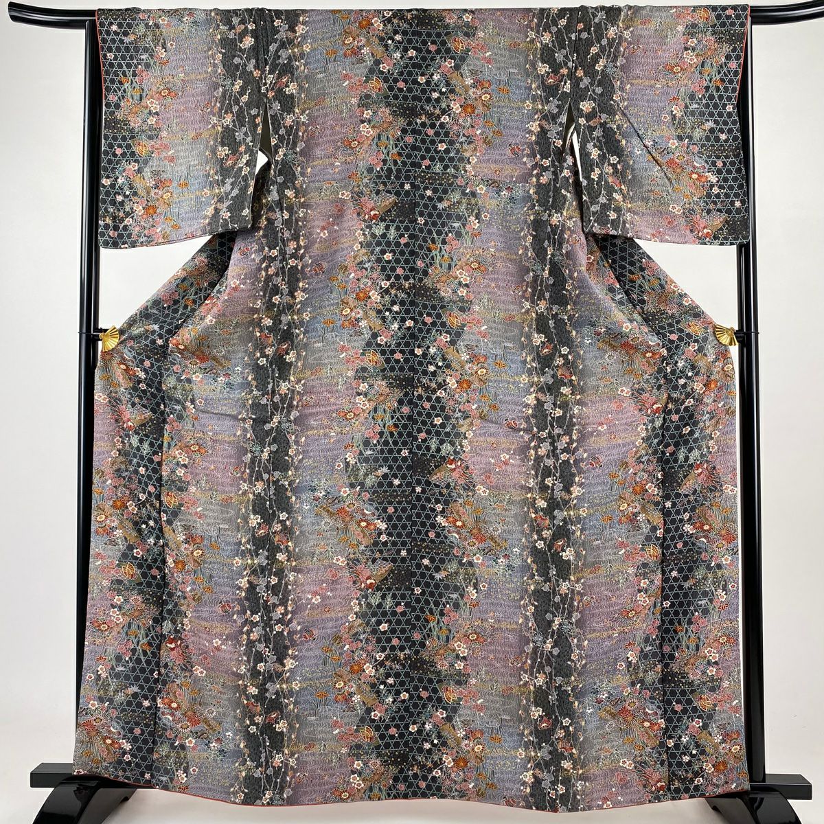 【美品】 小紋 身長163cm 袖長65.5cm M 雙層 草花紋紋 流水 金彩裝飾 灰紫 純蠶絲 秀品級
