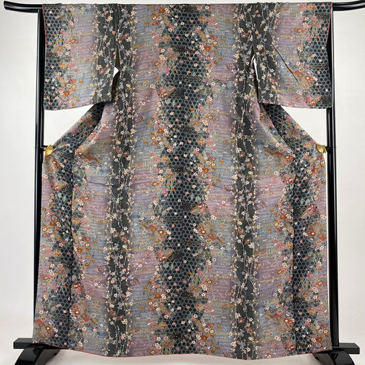 【美品】 小紋 身長163cm 袖長65.5cm M 雙層 草花紋紋 流水 金彩裝飾 灰紫 純蠶絲 秀品級