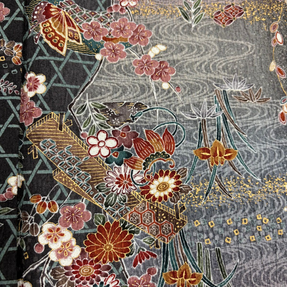 【美品】 小紋 身長163cm 袖長65.5cm M 雙層 草花紋紋 流水 金彩裝飾 灰紫 純蠶絲 秀品級