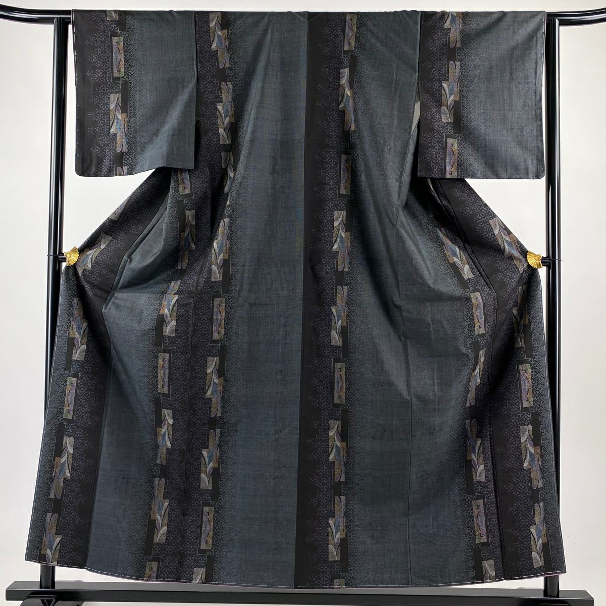 【美品】 紬織 身長158cm 袖長63cm S 雙層 短冊 葉花紋 黑灰 純蠶絲 秀品級