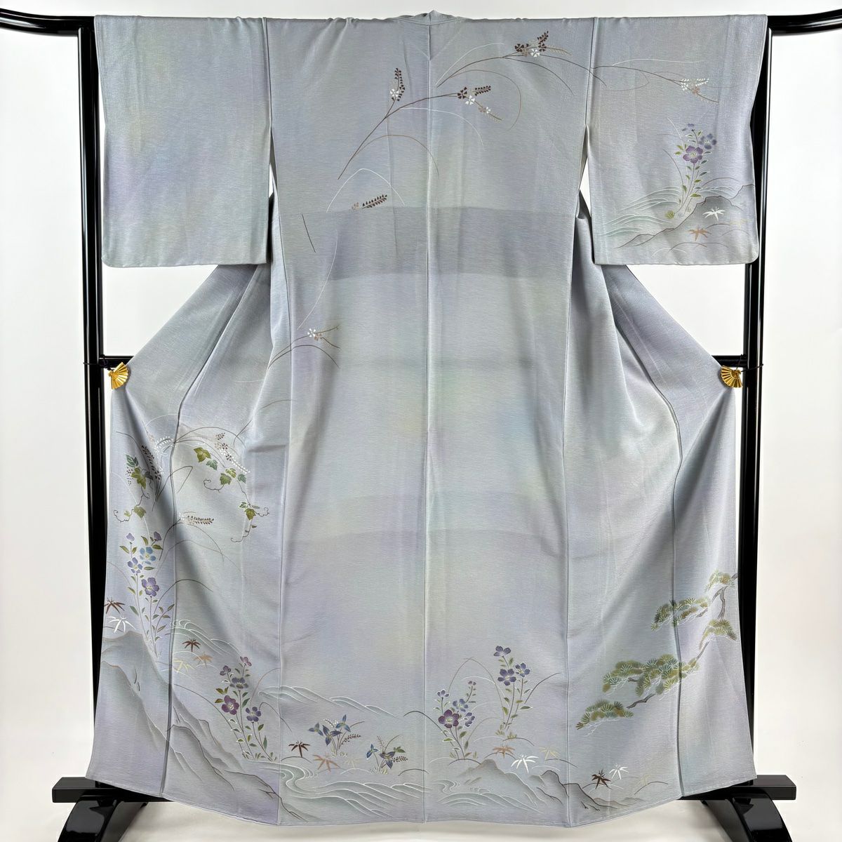 訪問服 身長163cm 袖長64.5cm M 雙層 草花紋紋 山並漸變 灰紫 純蠶絲 優品級