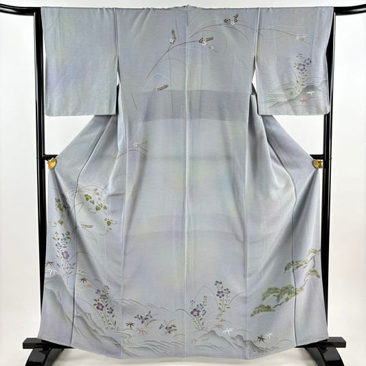 訪問服 身長163cm 袖長64.5cm M 雙層 草花紋紋 山並漸變 灰紫 純蠶絲 優品級