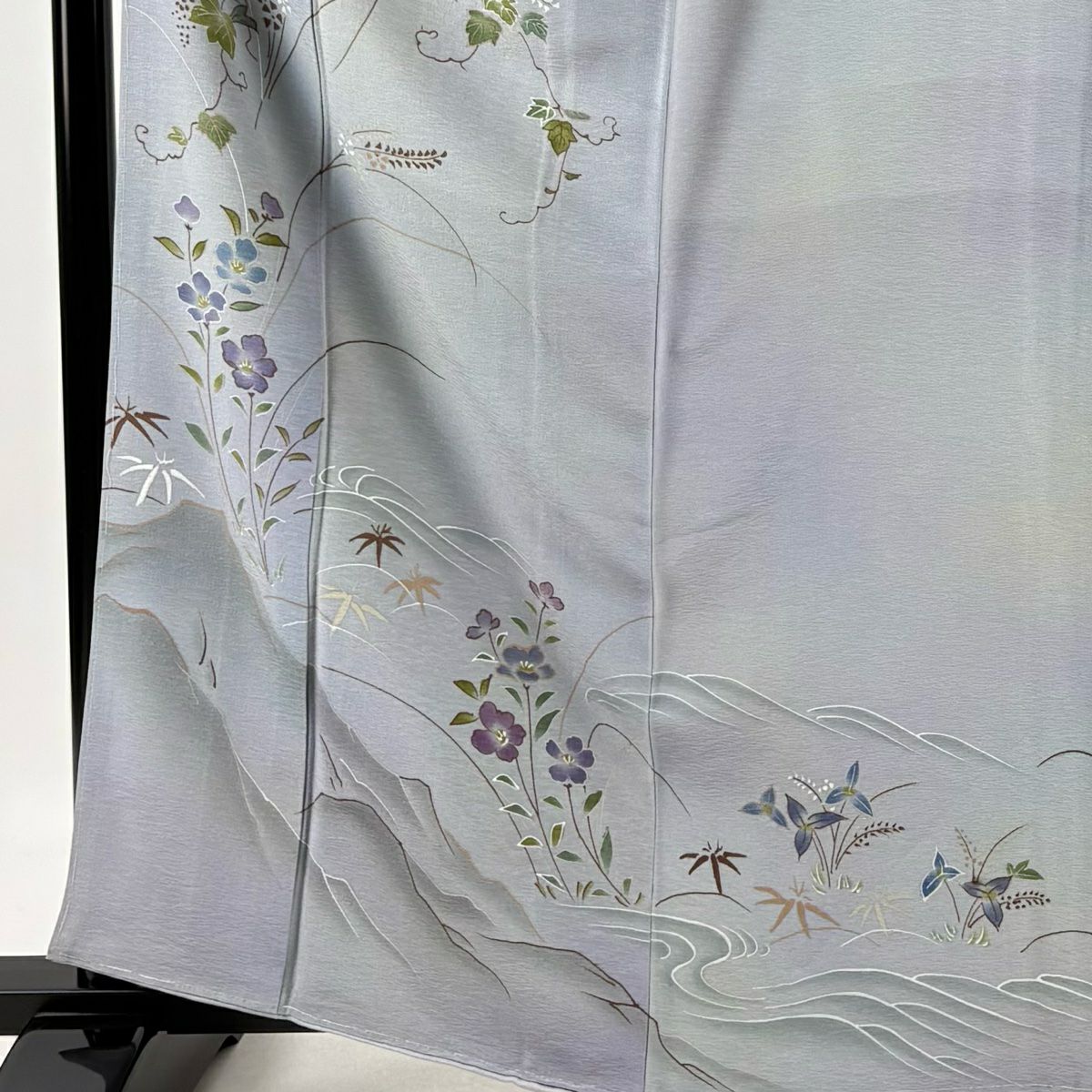 訪問服 身長163cm 袖長64.5cm M 雙層 草花紋紋 山並漸變 灰紫 純蠶絲 優品級