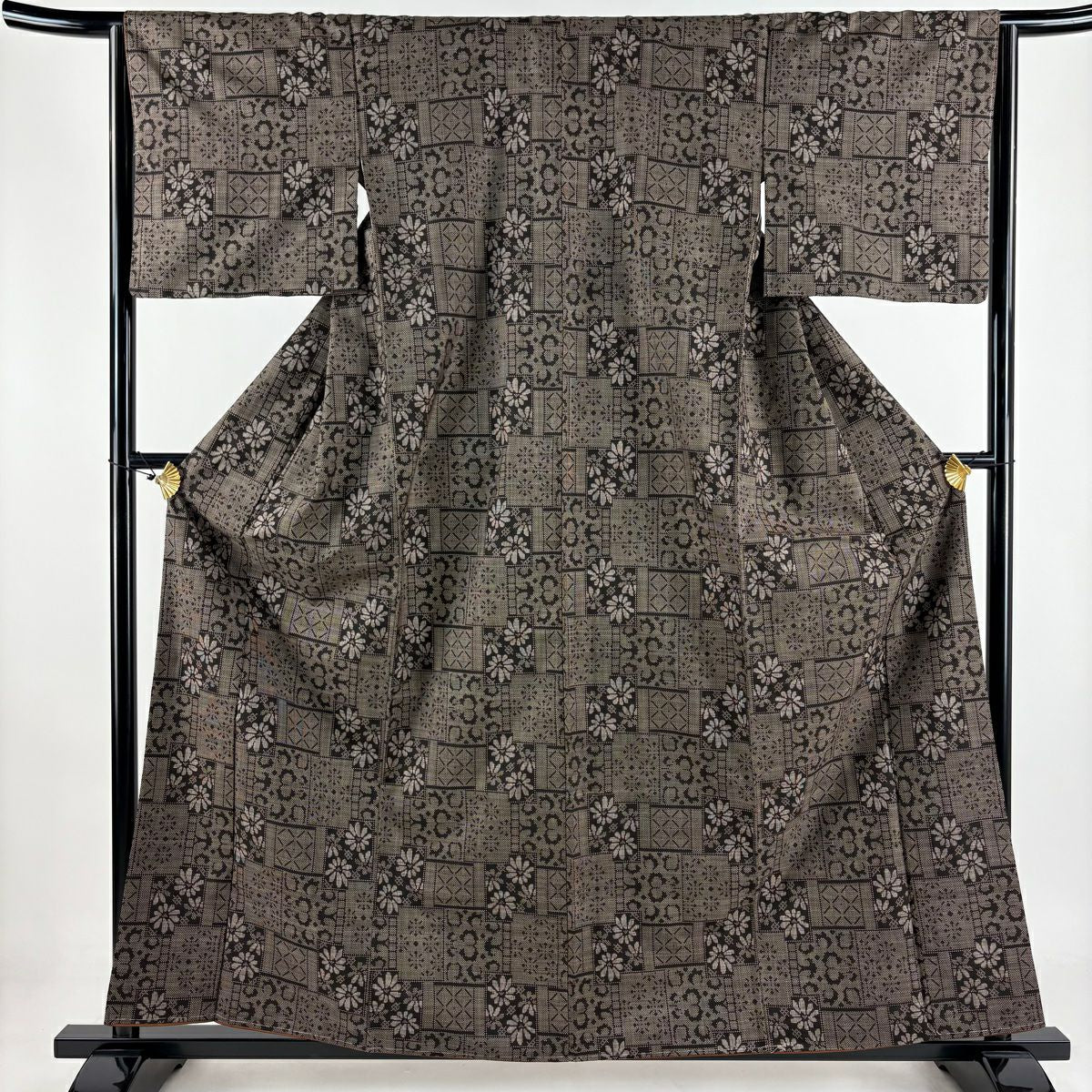 【美品】 紬織 身長160cm 袖長64.5cm M 雙層 花 幾何學 焦茶 純蠶絲 秀品級