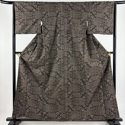 【美品】 紬織 身長160cm 袖長64.5cm M 雙層 花 幾何學 焦茶 純蠶絲 秀品級