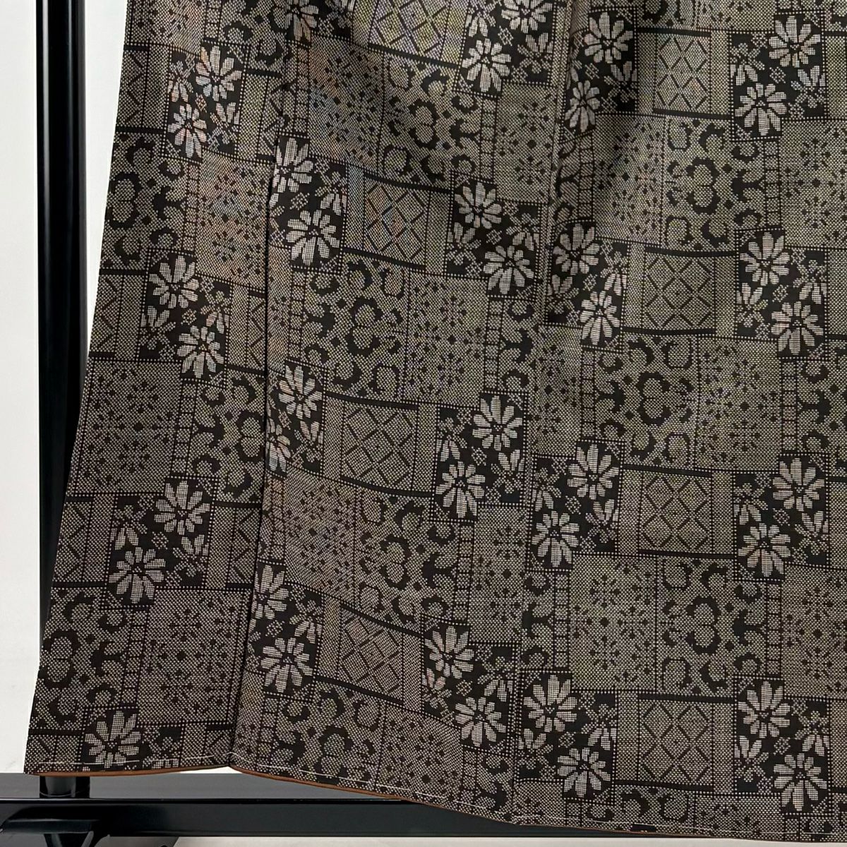 【美品】 紬織 身長160cm 袖長64.5cm M 雙層 花 幾何學 焦茶 純蠶絲 秀品級