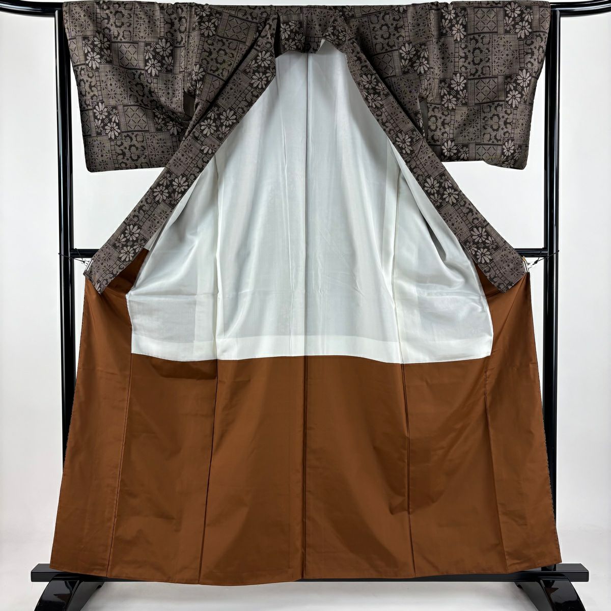 【美品】 紬織 身長160cm 袖長64.5cm M 雙層 花 幾何學 焦茶 純蠶絲 秀品級