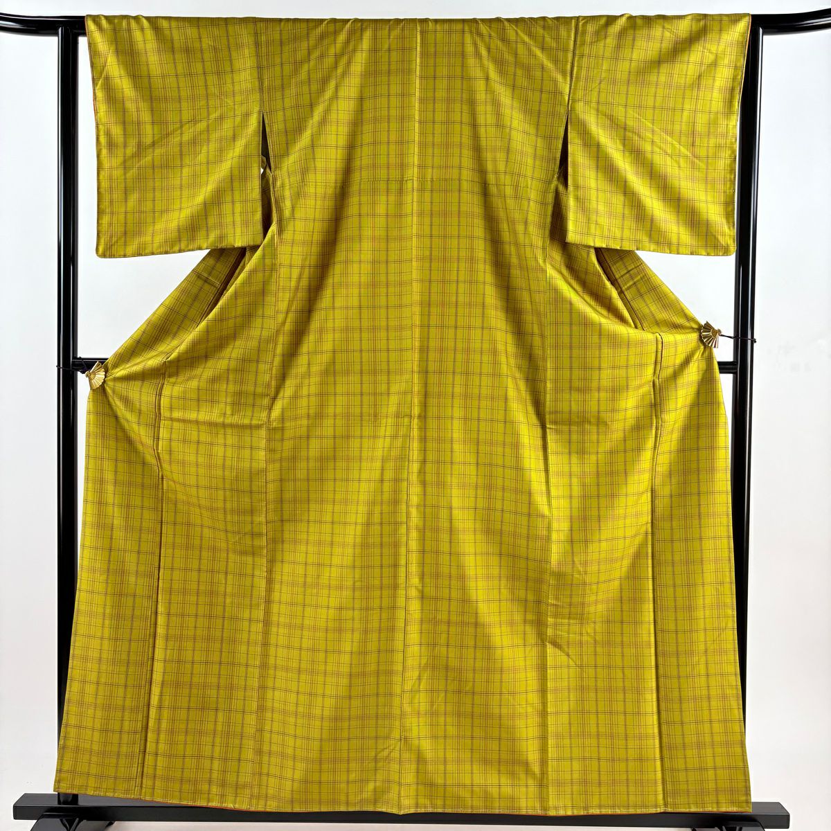 【美品】 紬織 身長159cm 袖長63cm S 雙層 格子 芥末色 純蠶絲 優品級