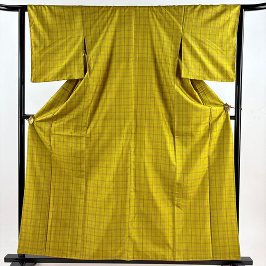 【美品】 紬織 身長159cm 袖長63cm S 雙層 格子 芥末色 純蠶絲 優品級