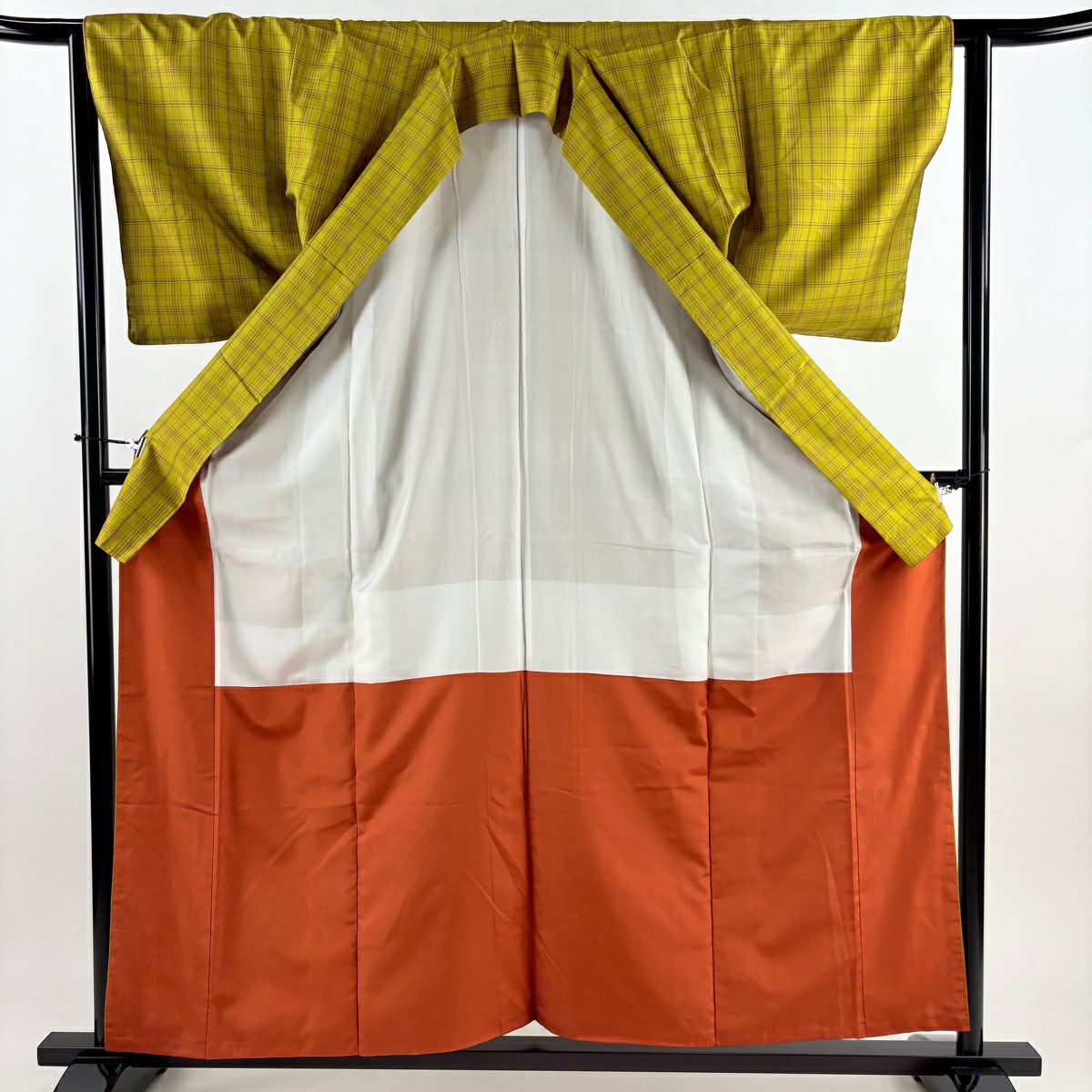 【美品】 紬織 身長159cm 袖長63cm S 雙層 格子 芥末色 純蠶絲 優品級