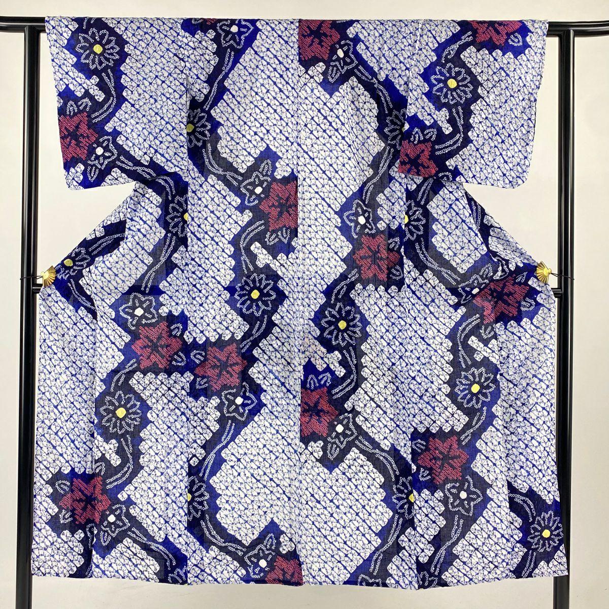 【美品】 浴衣 身長144cm 袖長61cm S 絞染浴衣 草花紋 深藍 純棉 名品級