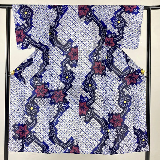 【美品】 浴衣 身長144cm 袖長61cm S 絞染浴衣 草花紋 深藍 純棉 名品級