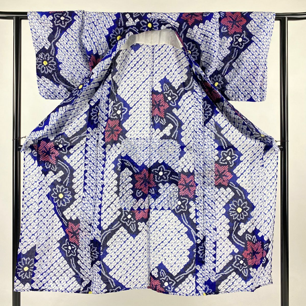 【美品】 浴衣 身長144cm 袖長61cm S 絞染浴衣 草花紋 深藍 純棉 名品級