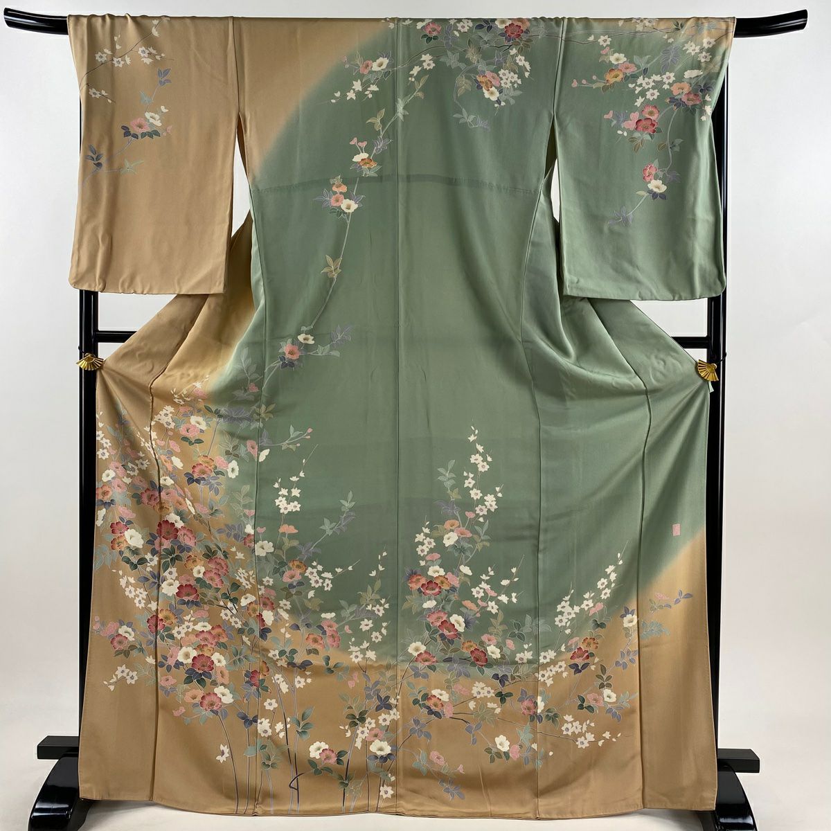【庫存清倉】訪問服 身長171cm 袖長70cm L 雙層 落款有 枝花 染分 米色 純蠶絲 名品級
