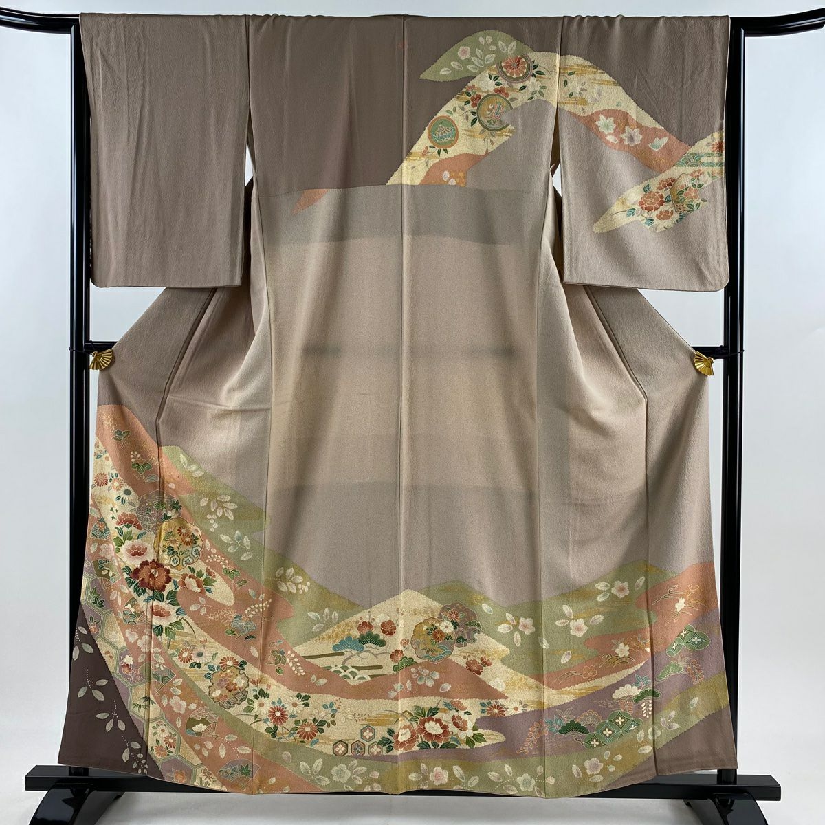 訪問服 身長158cm 袖長65.5cm M 雙層 扇子 草花紋紋 金糸刺繡 薄小豆 純蠶絲 名品級 一つ紋
