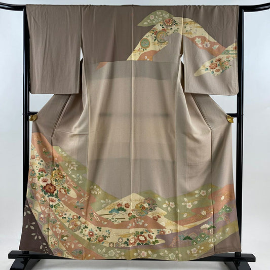訪問服 身長158cm 袖長65.5cm M 雙層 扇子 草花紋紋 金糸刺繡 薄小豆 純蠶絲 名品級 一つ紋