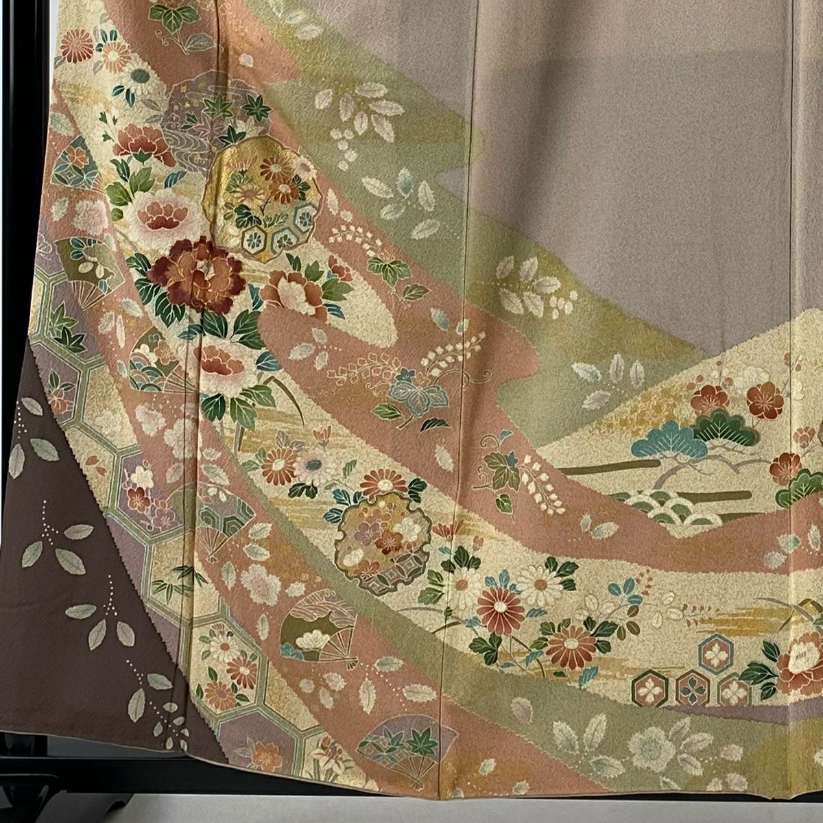 訪問服 身長158cm 袖長65.5cm M 雙層 扇子 草花紋紋 金糸刺繡 薄小豆 純蠶絲 名品級 一つ紋