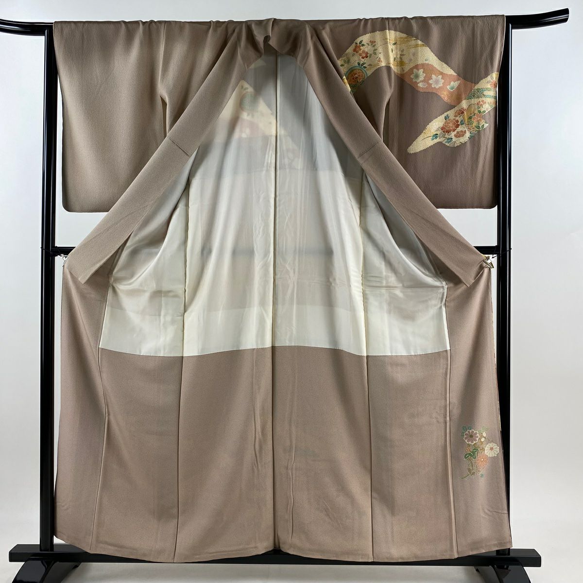 訪問服 身長158cm 袖長65.5cm M 雙層 扇子 草花紋紋 金糸刺繡 薄小豆 純蠶絲 名品級 一つ紋