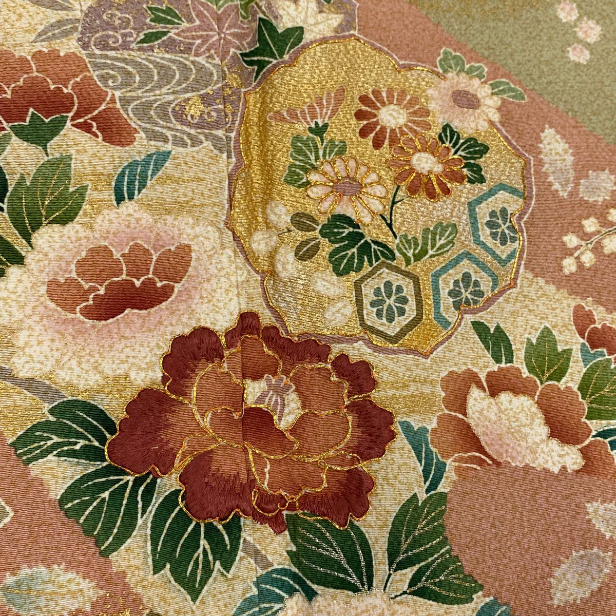 訪問服 身長158cm 袖長65.5cm M 雙層 扇子 草花紋紋 金糸刺繡 薄小豆 純蠶絲 名品級 一つ紋