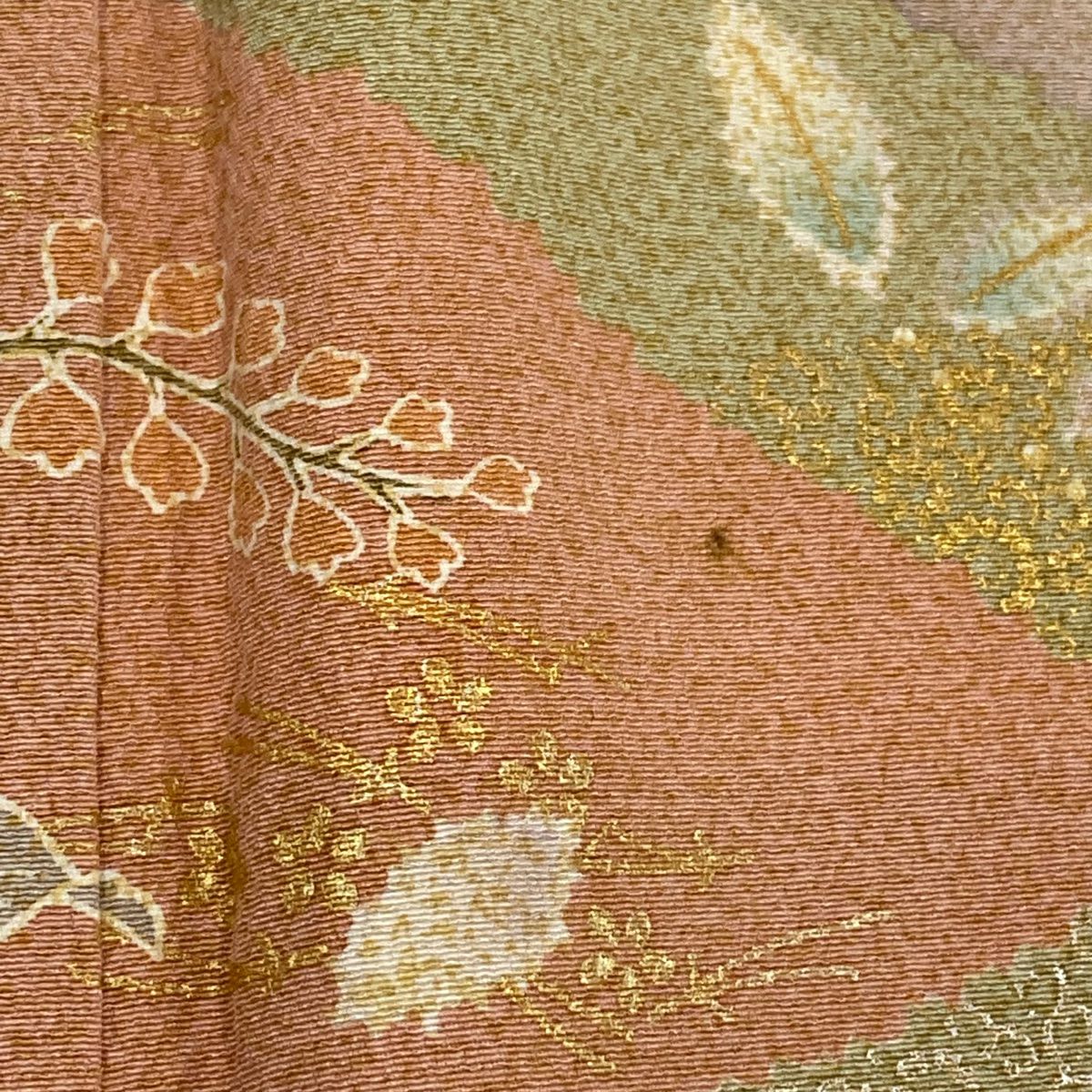 訪問服 身長158cm 袖長65.5cm M 雙層 扇子 草花紋紋 金糸刺繡 薄小豆 純蠶絲 名品級 一つ紋