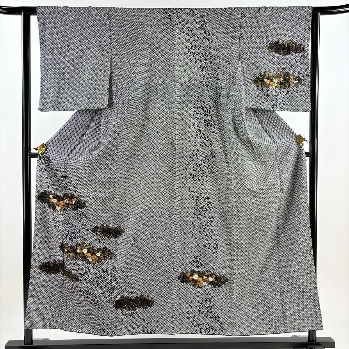 【庫存清倉】 付下 身長153.5cm 袖長62cm S 雙層 霞 草花紋紋 絞染 刺繡 黑灰 純蠶絲 名品級