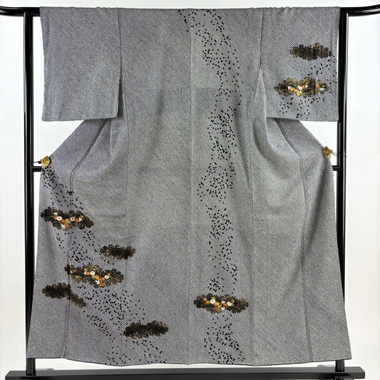 【庫存清倉】 付下 身長153.5cm 袖長62cm S 雙層 霞 草花紋紋 絞染 刺繡 黑灰 純蠶絲 名品級