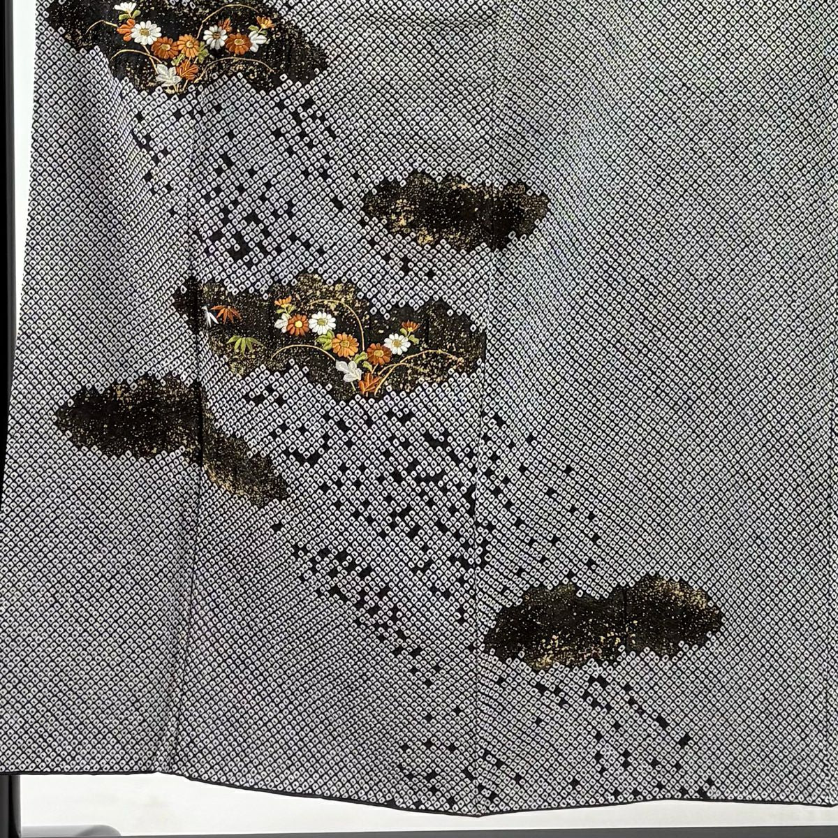 【庫存清倉】 付下 身長153.5cm 袖長62cm S 雙層 霞 草花紋紋 絞染 刺繡 黑灰 純蠶絲 名品級