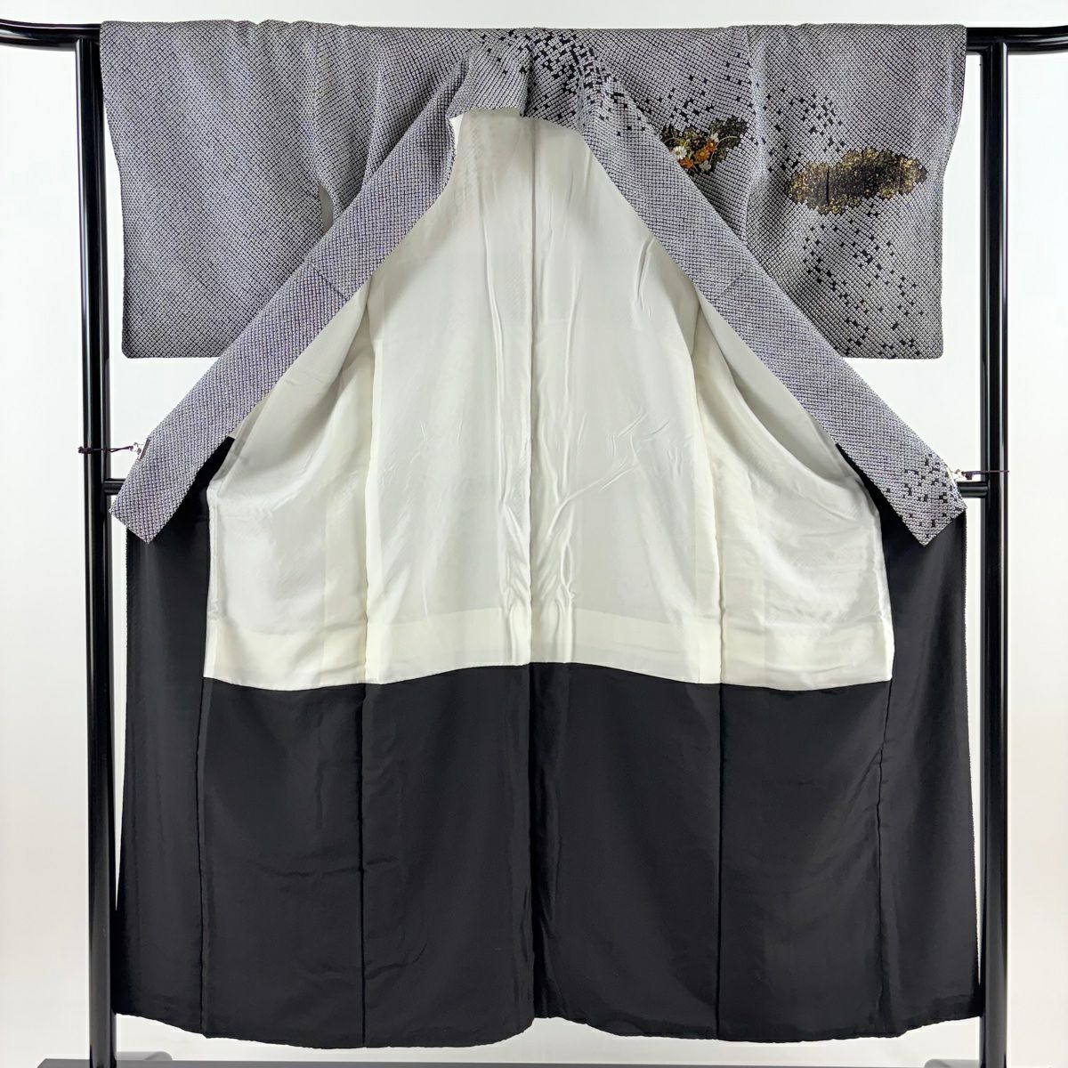 【庫存清倉】 付下 身長153.5cm 袖長62cm S 雙層 霞 草花紋紋 絞染 刺繡 黑灰 純蠶絲 名品級