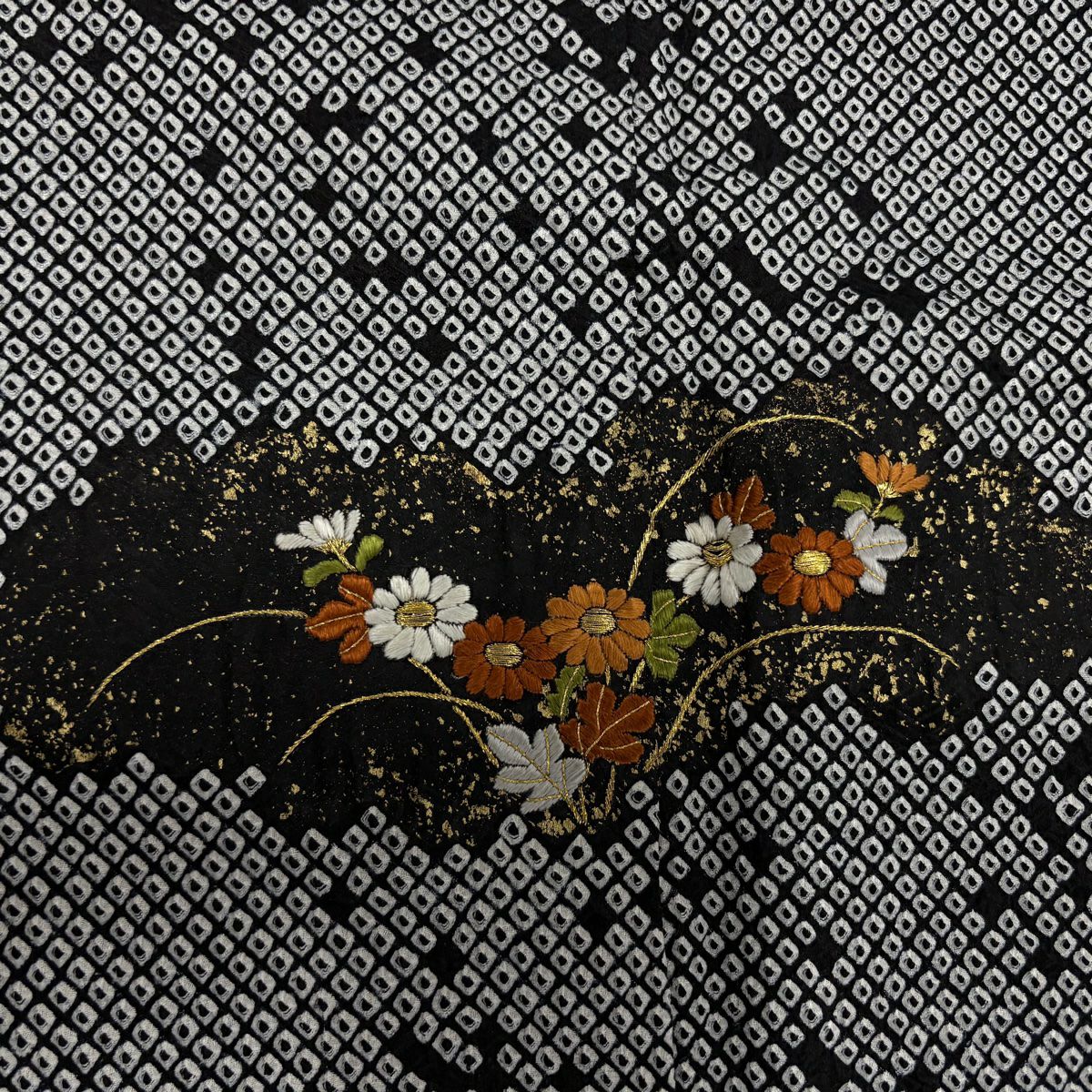 【庫存清倉】 付下 身長153.5cm 袖長62cm S 雙層 霞 草花紋紋 絞染 刺繡 黑灰 純蠶絲 名品級