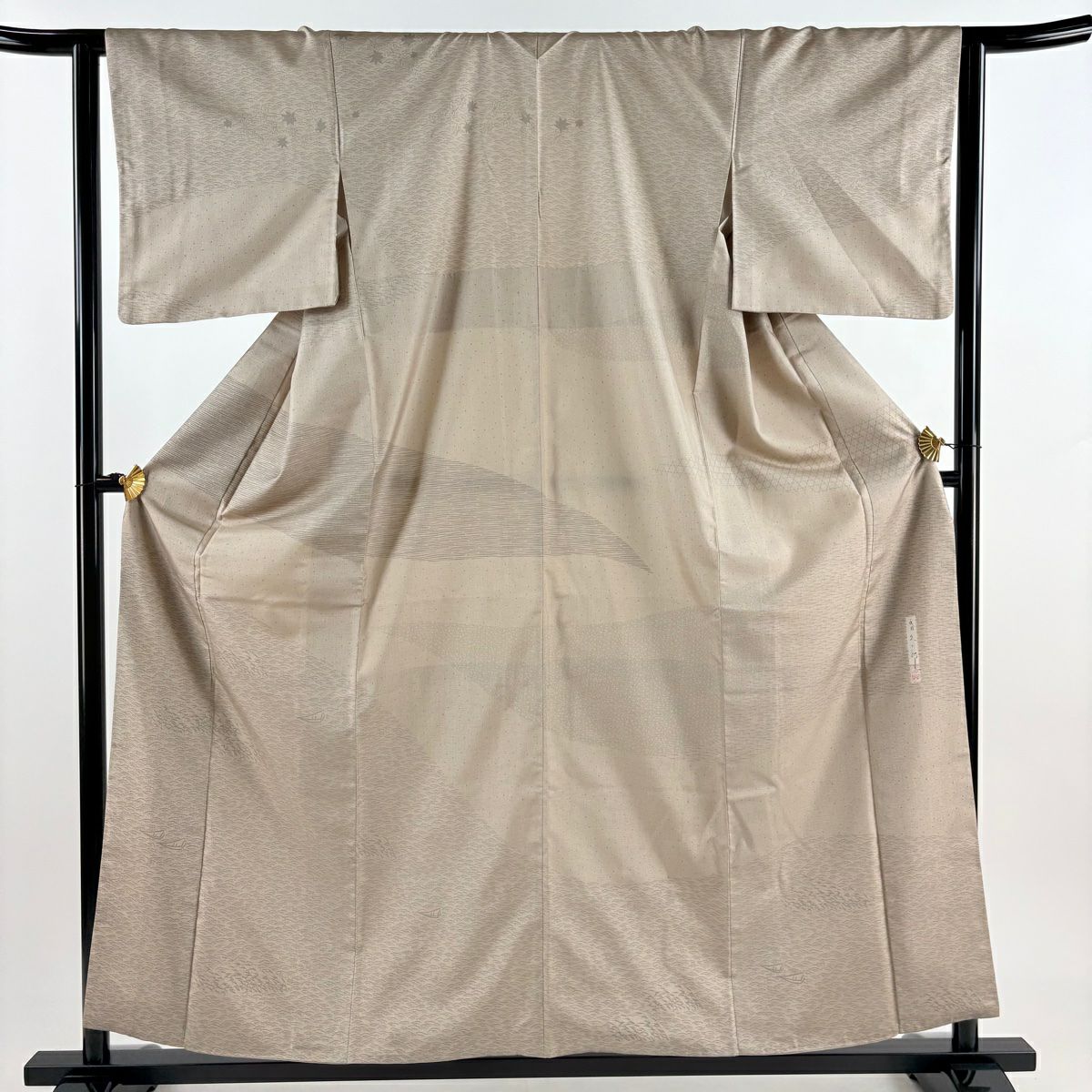 訪問服 身長159.5cm 袖長63cm S 雙層 川村久太郎 大島紬織地 落款あり 證書あり 波 舟 薄茶 純蠶絲 名品級