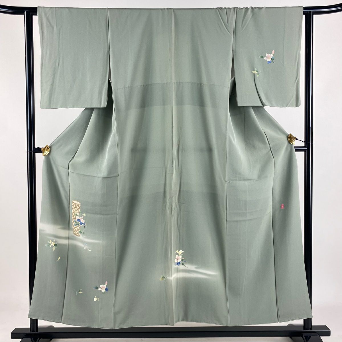 付下 身長152.5cm 袖長62cm S 雙層 南克治 落款 花器 霞 漸層 灰綠 純蠶絲 名品級