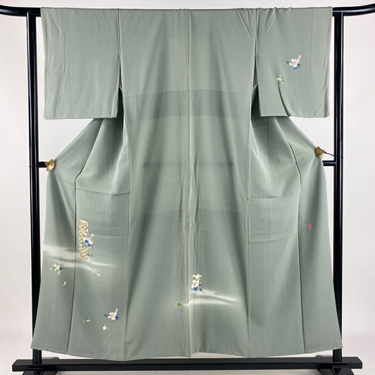 付下 身長152.5cm 袖長62cm S 雙層 南克治 落款 花器 霞 漸層 灰綠 純蠶絲 名品級