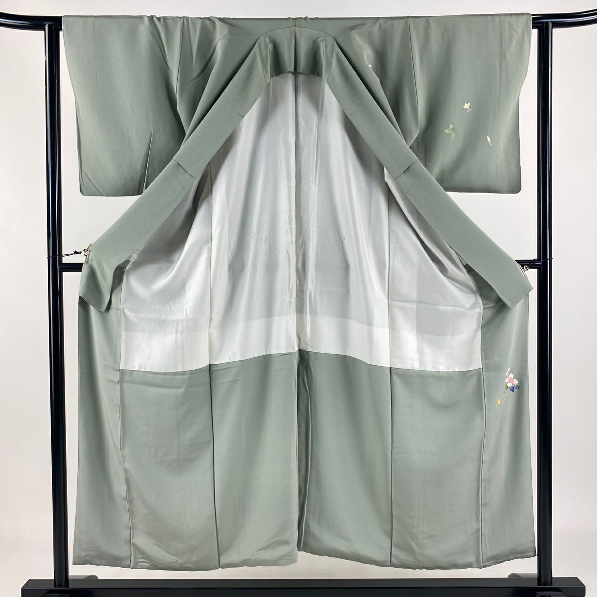 付下 身長152.5cm 袖長62cm S 雙層 南克治 落款 花器 霞 漸層 灰綠 純蠶絲 名品級