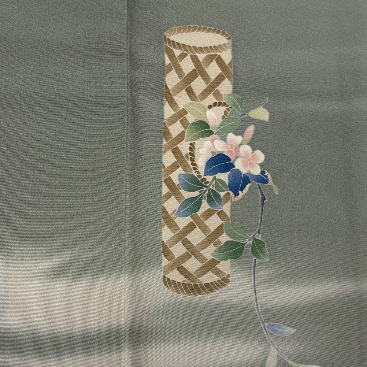 付下 身長152.5cm 袖長62cm S 雙層 南克治 落款 花器 霞 漸層 灰綠 純蠶絲 名品級
