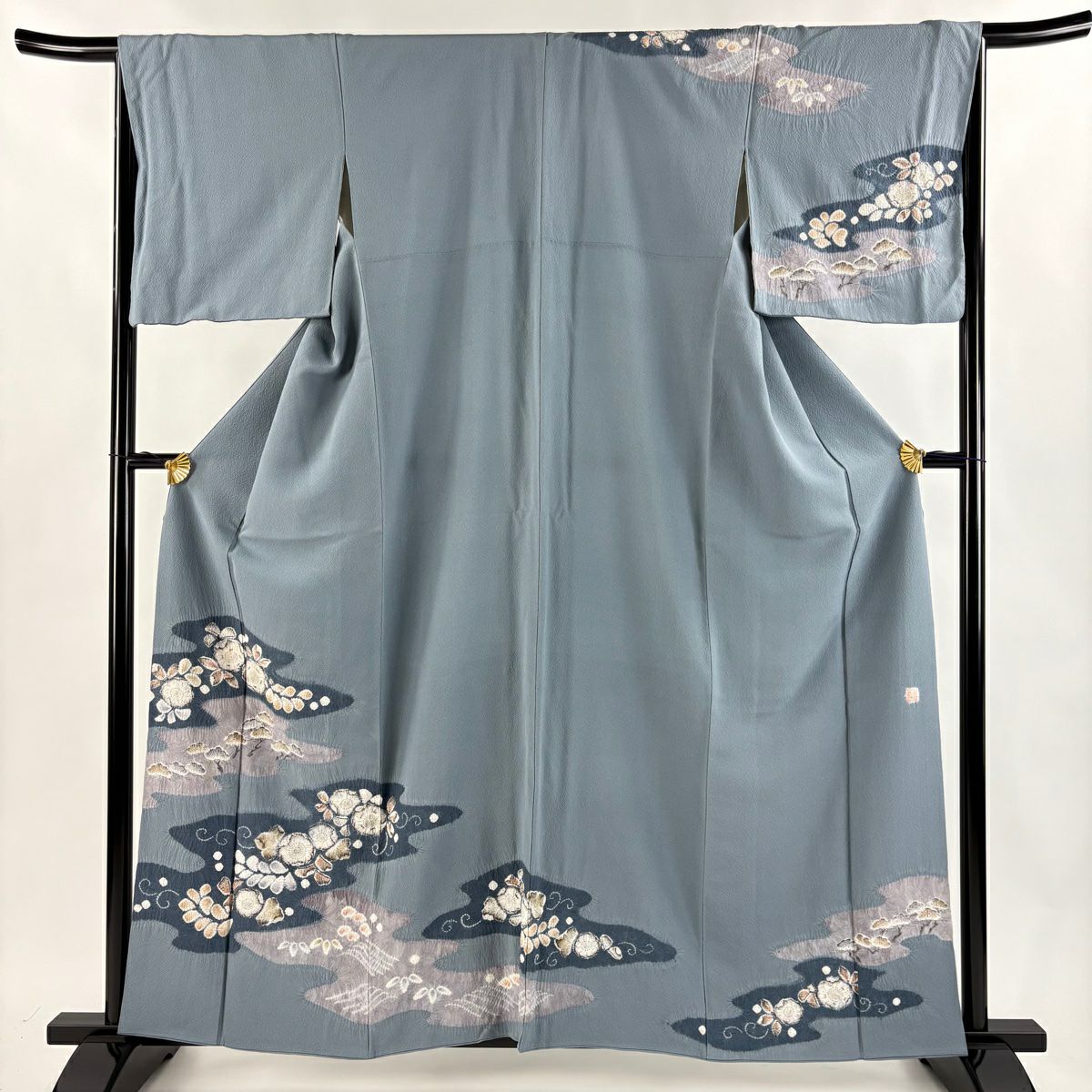 訪問服 身長159cm 袖長65cm M 雙層 滝泰 落款あり 辻花染 霞 染分 青灰色 純蠶絲 名品級