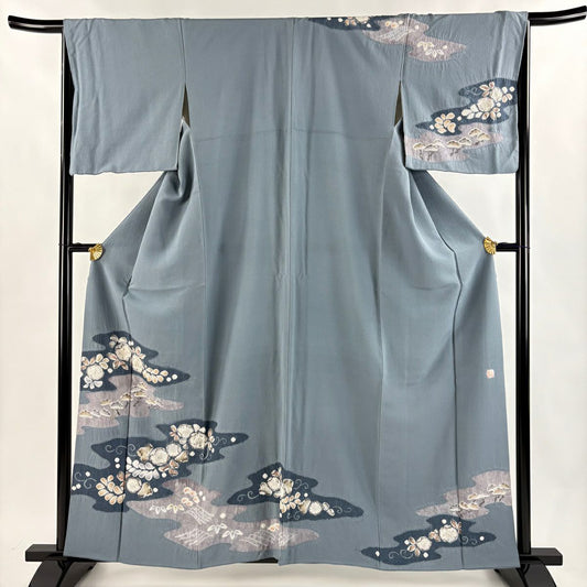 訪問服 身長159cm 袖長65cm M 雙層 滝泰 落款あり 辻花染 霞 染分 青灰色 純蠶絲 名品級
