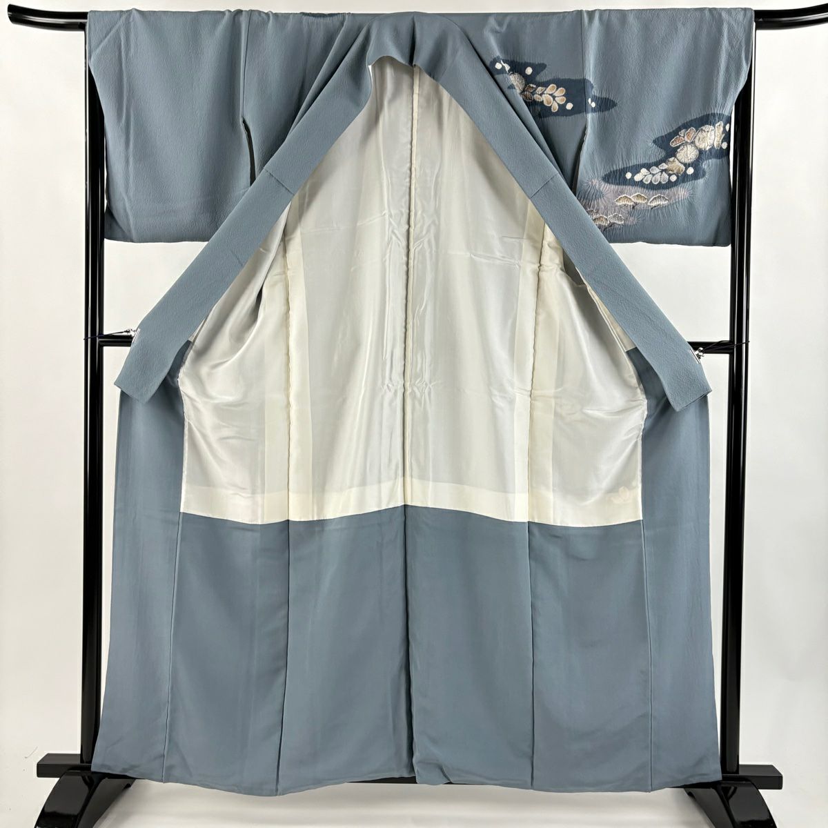 訪問服 身長159cm 袖長65cm M 雙層 滝泰 落款あり 辻花染 霞 染分 青灰色 純蠶絲 名品級
