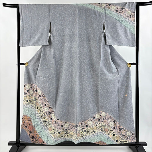 訪問服 身長156.5cm 袖長64cm M 雙層 落款あり 辻花染 蝴蝶 漸層 染分 灰色 純蠶絲 名品級