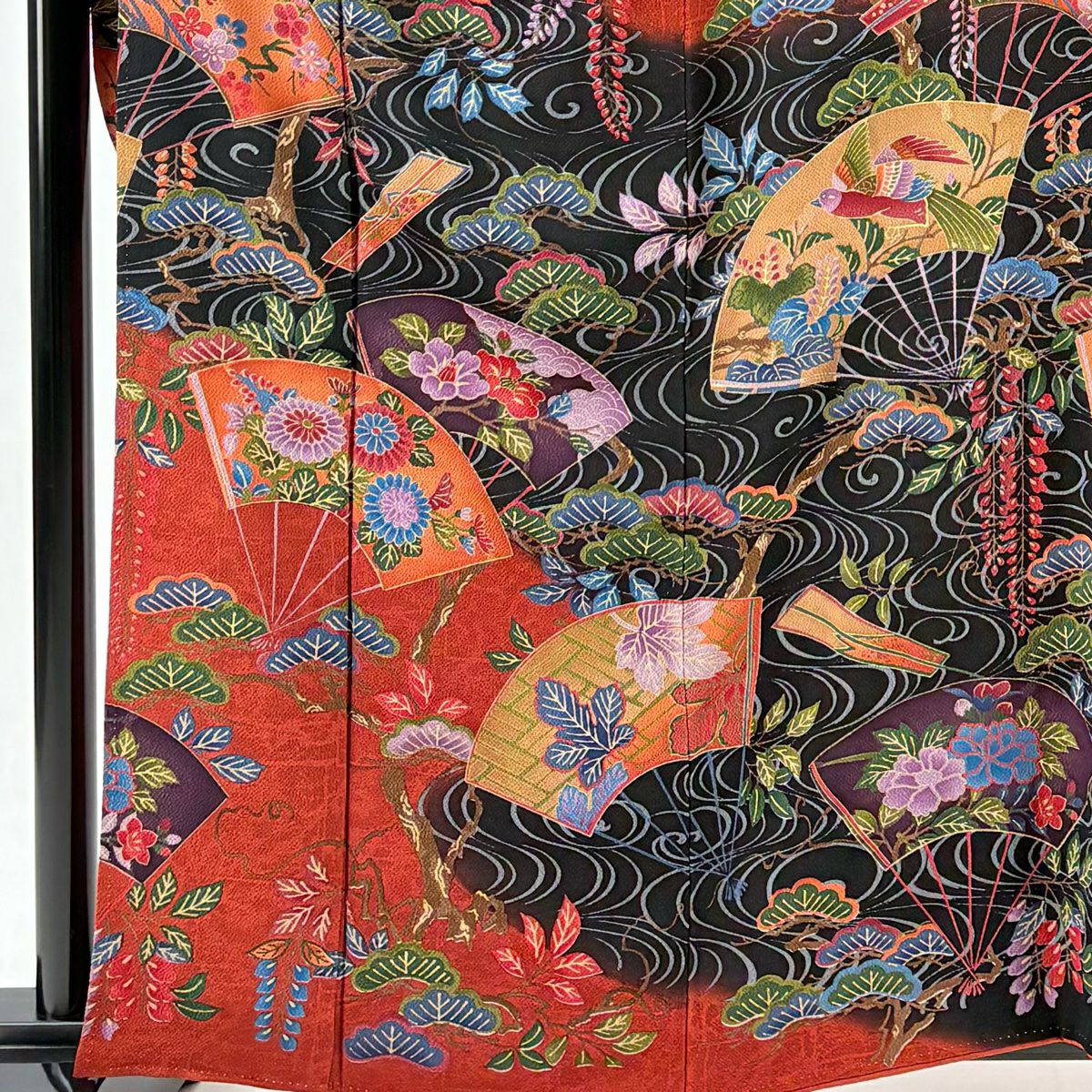振袖禮服 身長162cm 袖長66cm M 雙層 扇子 草花紋紋 絞染 染分 朱 純蠶絲 名品級