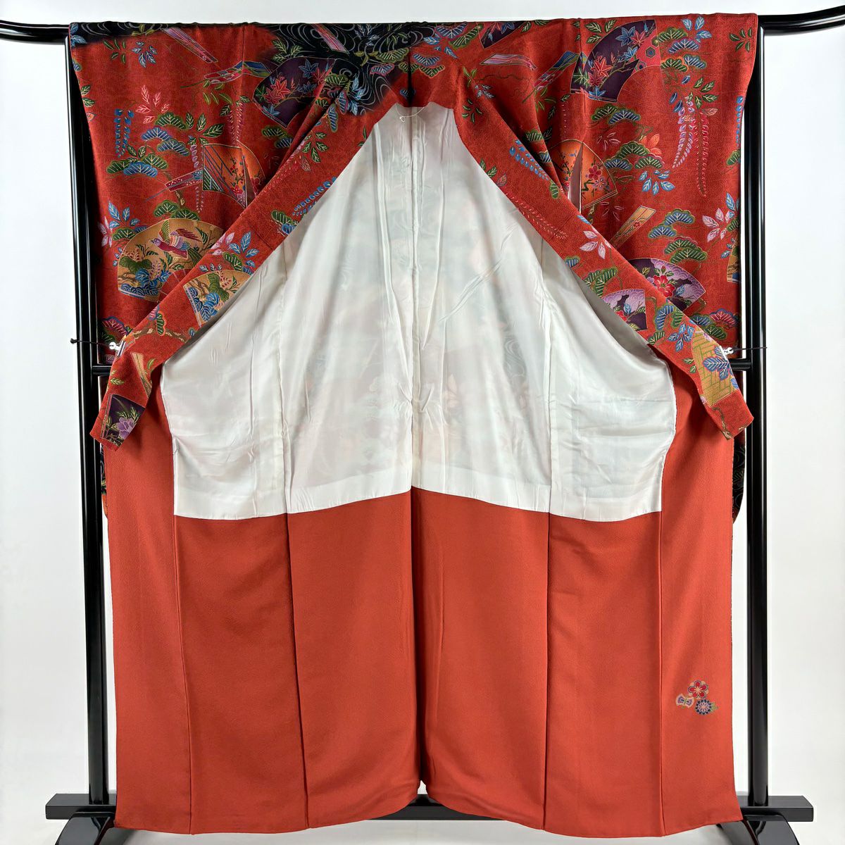 振袖禮服 身長162cm 袖長66cm M 雙層 扇子 草花紋紋 絞染 染分 朱 純蠶絲 名品級