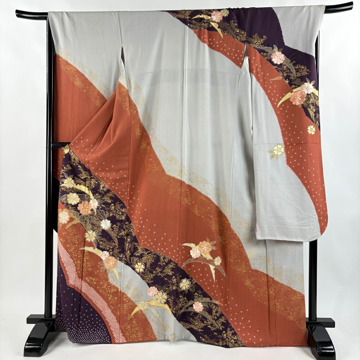 【庫存清倉】振袖禮服 身長167.5cm 袖長67.5cm L 雙層 櫻花 雪芝 刺繡 絞染 紅茶 純蠶絲 名品級