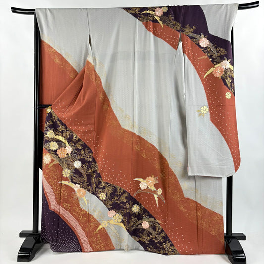 【庫存清倉】振袖禮服 身長167.5cm 袖長67.5cm L 雙層 櫻花 雪芝 刺繡 絞染 紅茶 純蠶絲 名品級
