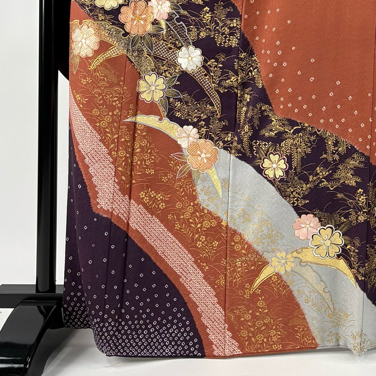【庫存清倉】振袖禮服 身長167.5cm 袖長67.5cm L 雙層 櫻花 雪芝 刺繡 絞染 紅茶 純蠶絲 名品級
