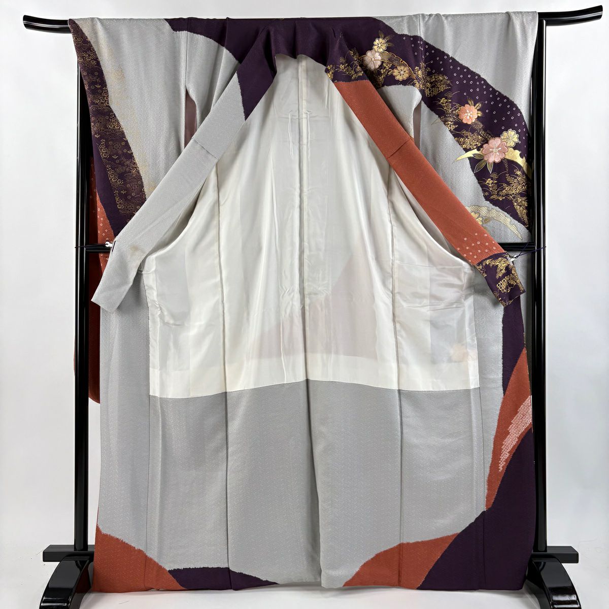 【庫存清倉】振袖禮服 身長167.5cm 袖長67.5cm L 雙層 櫻花 雪芝 刺繡 絞染 紅茶 純蠶絲 名品級