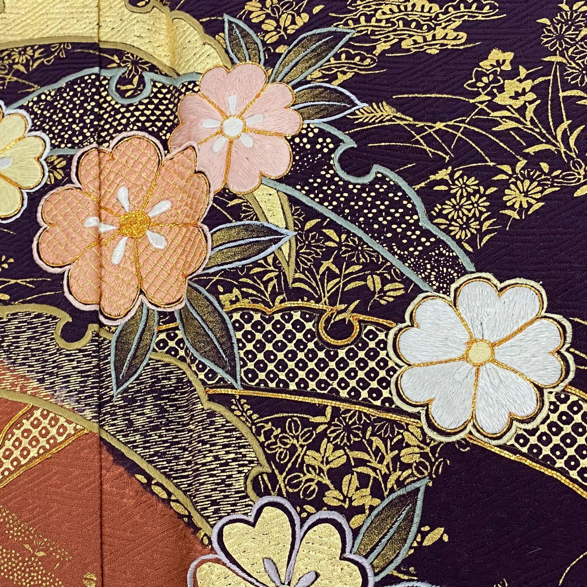 【庫存清倉】振袖禮服 身長167.5cm 袖長67.5cm L 雙層 櫻花 雪芝 刺繡 絞染 紅茶 純蠶絲 名品級